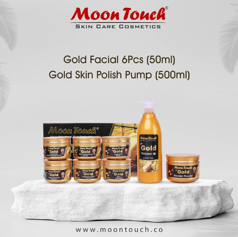 Gold Facial Deal (Gold Facial 50ml 6Pcs+ Gold Skin Polish Pump 500ml) - Moon Touch