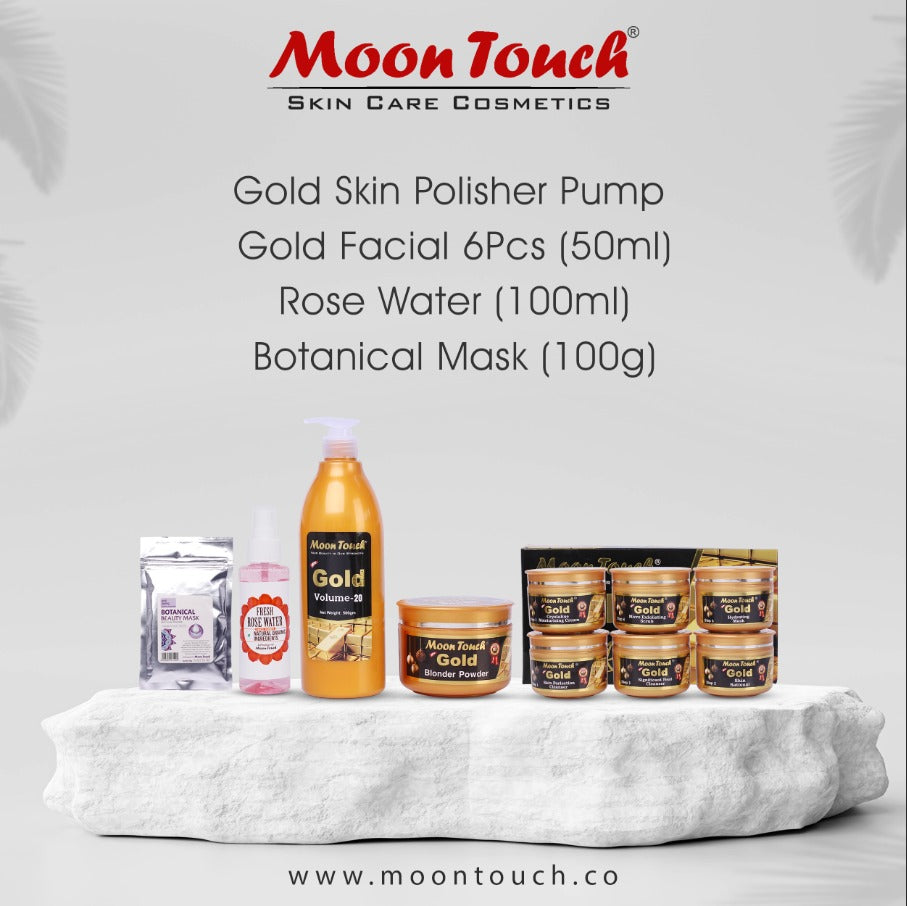 Deal : Gold Facial 50ml,
Gold Skin Polisher Pump 500ml, Rose Water 100ml,
Botanical Mask 100g - Moon Touch