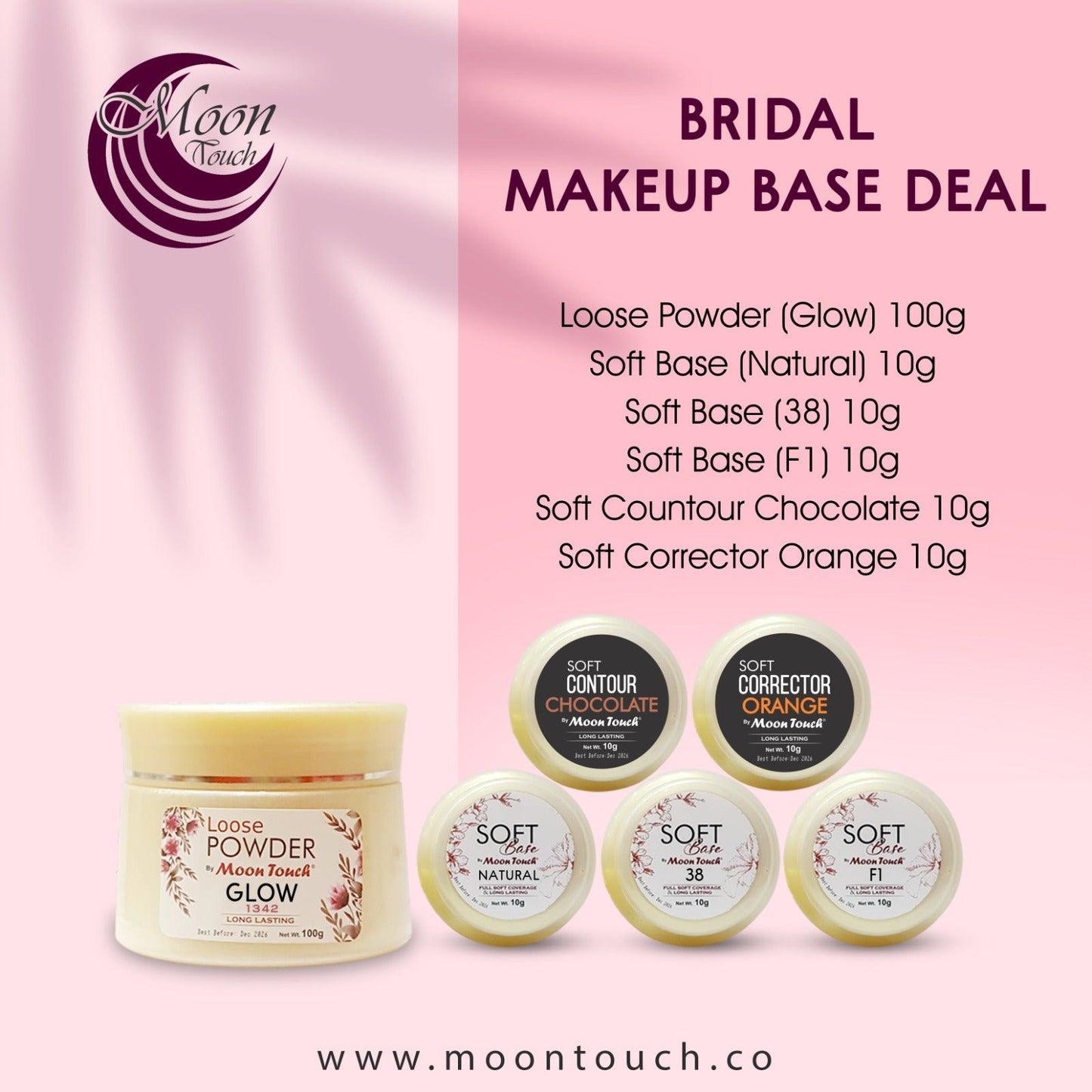 Bridal Makeup Base Deal Loose Powder Glow 100g, Soft Base 10g: (Natural, F1, 38, Chocolate, Orange) - Moon Touch
