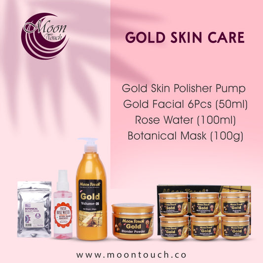 Deal : Gold Facial 50ml,
Gold Skin Polisher Pump 500ml, Rose Water 100ml,
Botanical Mask 100g - Moon Touch