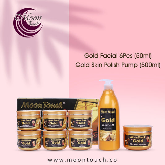 Gold Facial Deal (Gold Facial 50ml 6Pcs+ Gold Skin Polish Pump 500ml) - Moon Touch